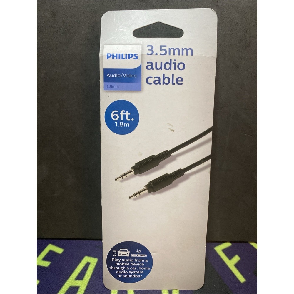 New Sealed Pkg Philips Audio/Video 3.5mm Black Audio Cable for All Brands 6' B1